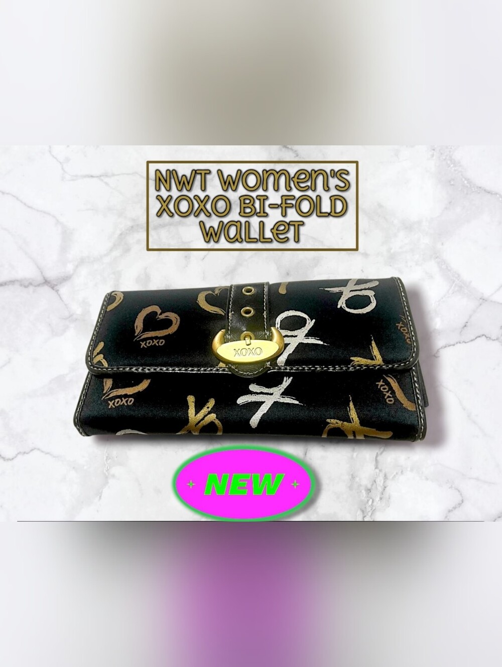 NWT Women's XOXO Black and Gold Women's Bifold Wallet